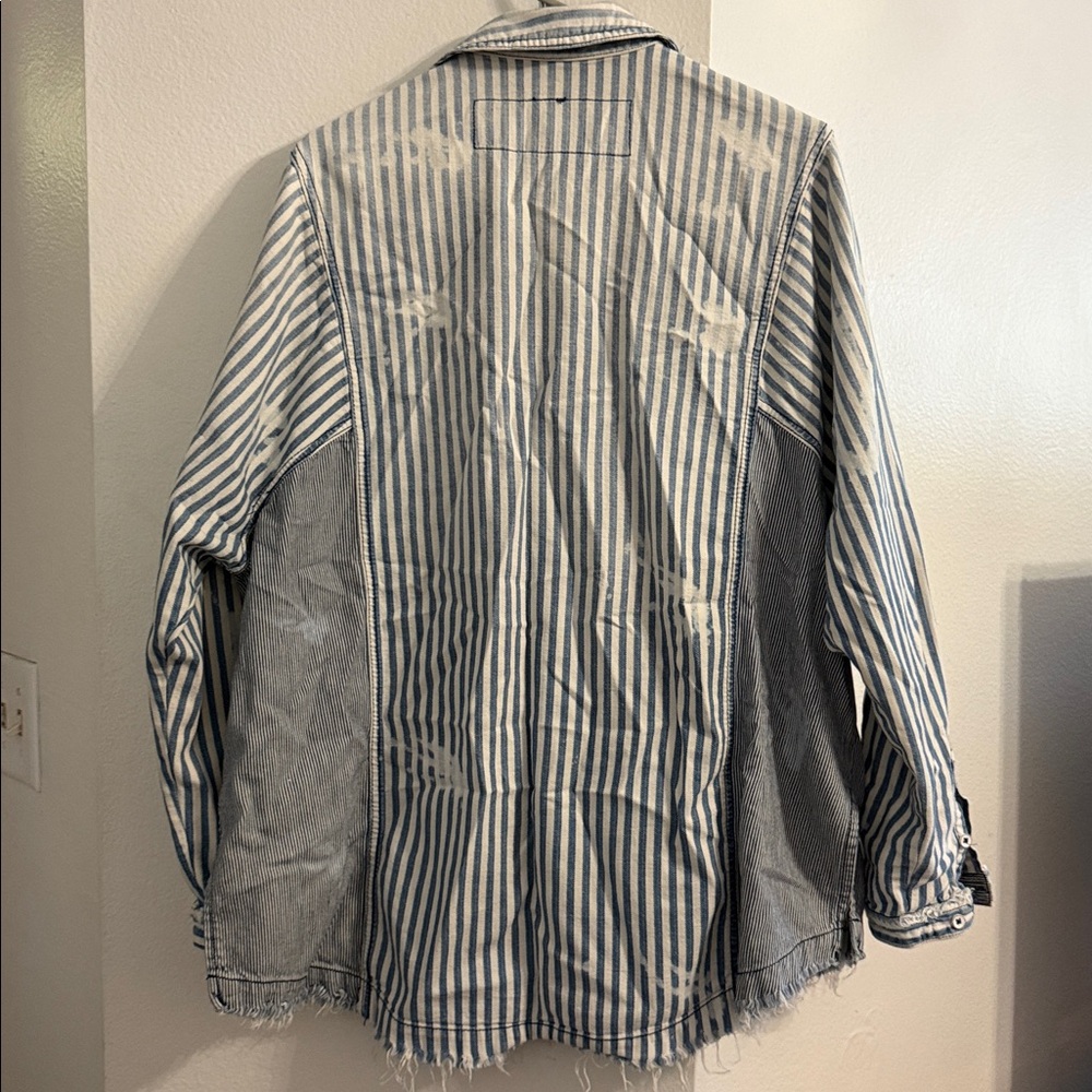 FREE PEOPLE DISTRESSED RAILROAD STIPE BUTTON DOWN - Picture 6 of 6